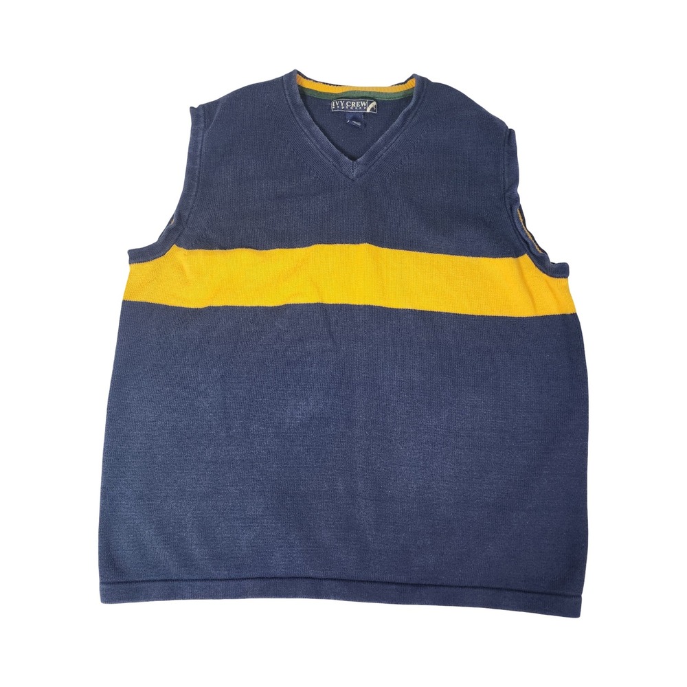 Ivy Crew Explorer Mens XL Navy Blue Yellow Striped V-Neck Cotton Sweater Vest